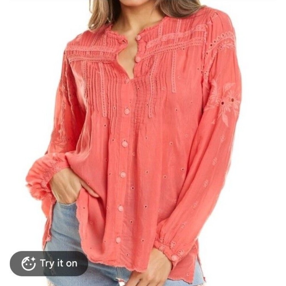 Johnny Was Women's Helia Blouse Size 1X Embroidered Eyelet Passionfruit Boho